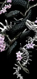 Snake entwined with pink flowers on a black background wallpaper.