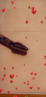 Snake on tiled floor with floating red hearts.