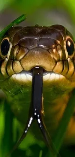 Close-up of a snake with vibrant green and sharp focus.