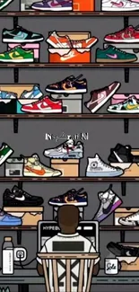 Cartoon sneaker collection on shelves with a person at a desk in gray background.