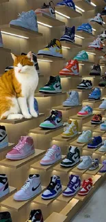 Cat sitting among colorful sneakers on shelves.