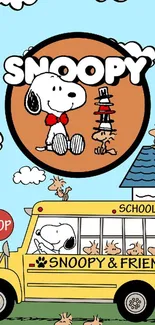 Snoopy and friends on school bus cartoon wallpaper.