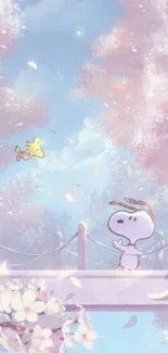 Snoopy and Woodstock on a pastel pink bridge with blossoms.