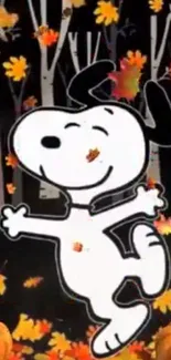 Snoopy joyfully dancing among autumn leaves in a colorful forest background.