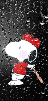 Snoopy in baseball outfit on black background.