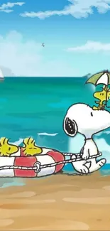 Snoopy and Woodstock enjoy a sunny beach day, riding a float beside the ocean.