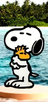 Snoopy stands on a beach with ocean and island background.