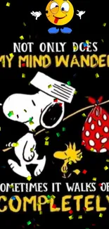 Funny Snoopy wallpaper with confetti and humorous quote on black background.