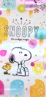 Snoopy with colorful ice cream wallpaper, ideal for fun phone backgrounds.