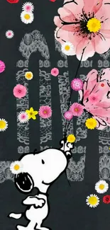 Charming Snoopy floral wallpaper with pink flowers spells LOVE.