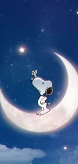 Snoopy sits on a crescent moon under a starlit sky.