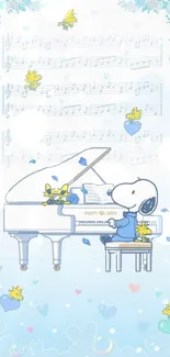 Snoopy playing the piano with blue music notes and hearts on a light blue background.