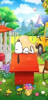 Snoopy lying on red doghouse under spring sky.