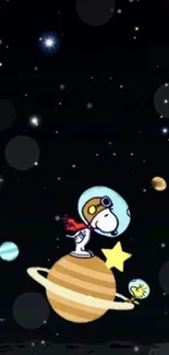 Snoopy as an astronaut on a planet with stars and space background.