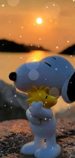 Snoopy and Woodstock embrace under a serene sunset with glowing hues.