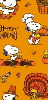 Festive Snoopy Thanksgiving wallpaper with fall colors and holiday elements.