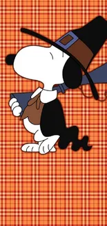 Snoopy dressed as a pilgrim with an orange plaid background mobile wallpaper.