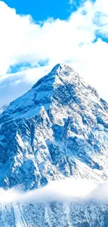 Snow-capped mountain under bright blue sky.