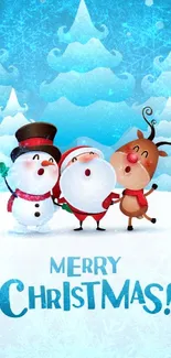 Cartoon snowman, Santa, and reindeer on snowy Christmas wallpaper.