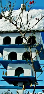 Snow-covered birdhouse with blue sky.