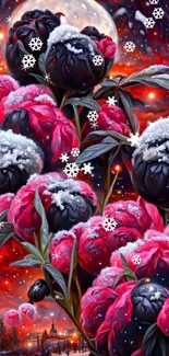 Vibrant snow-covered peonies under a full moon.