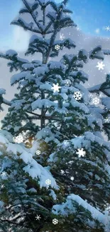 Snow-covered pine tree with snowflakes in winter sky.