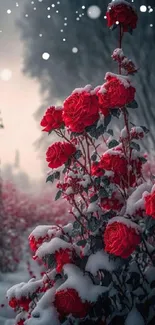 Snow-covered red roses in a picturesque winter setting.