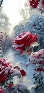 Snow-covered red roses in a winter garden view.