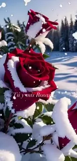 Snow-covered red roses in a winter landscape.