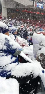 Snow-covered stadium seats and bundled fans.