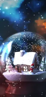 Snow globe scene with cabin and snowman in winter wonderland.