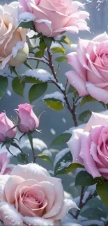 Mobile wallpaper with snow-covered pink roses.
