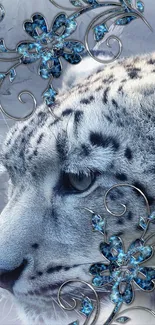 Snow leopard with blue floral art design wallpaper.