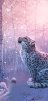 Snow leopard in a mystical, pink winter forest scene.