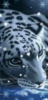 Snow leopard wallpaper with blue hues and snowflakes.