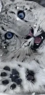 Snow leopard with blue eyes and sparkling stars in a serene, snowy setting.