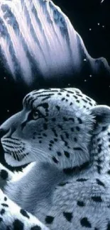 Snow leopard gazing at snowy mountain under starry sky.