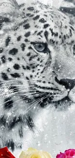 Snow leopard with roses in winter scene wallpaper.