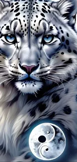 Mystical snow leopard with yin-yang symbol.