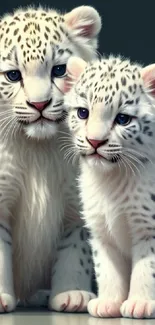 Snow leopards with elegant white fur on a mobile wallpaper.