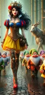 Fantasy Snow White with dwarfs in a colorful forest scene.