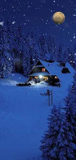 Cozy winter cabin scene with snow and a full moon.