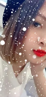 Woman's portrait with snowfall effect and red lips on mobile wallpaper.