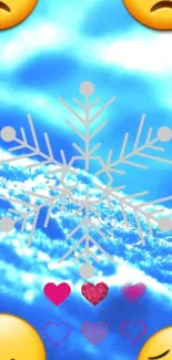 Snowflake and emojis on a vivid blue background with hearts.