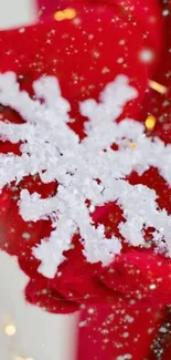 Close-up of a white snowflake in red fabric, festive wallpaper.