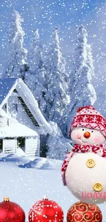 Festive snowman and cabin with red baubles in snowy landscape.