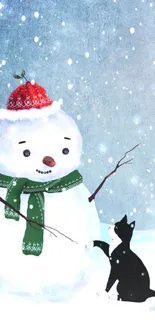 Snowman with cat in winter scene, snowy day.