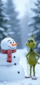 Snowman and green creature in snowy forest