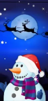 Festive snowman with Santa silhouette in the moonlit sky mobile wallpaper.