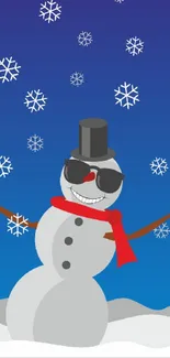 Cartoon snowman with sunglasses and snowflakes on blue background.